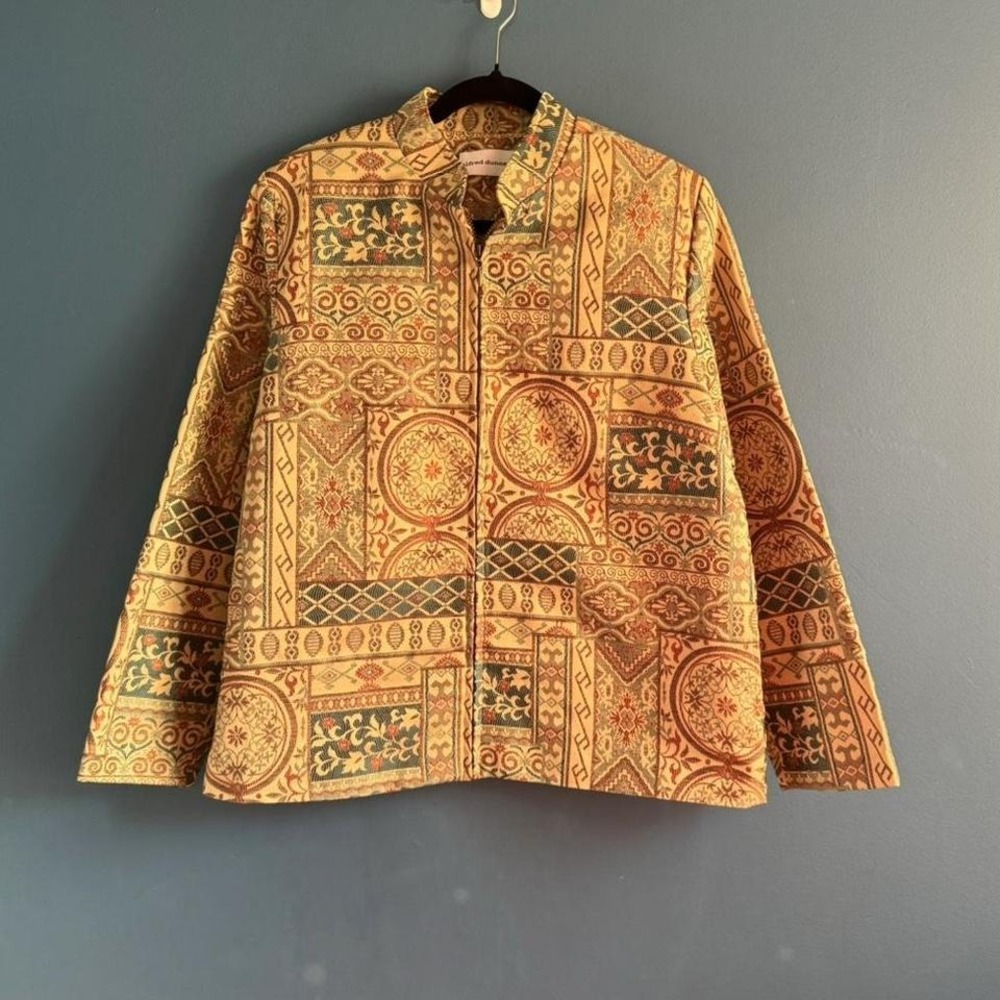 Vintage 90s Tapestry Jacket Women's Size 12 Alfred Dunner Beige Pattern Retro